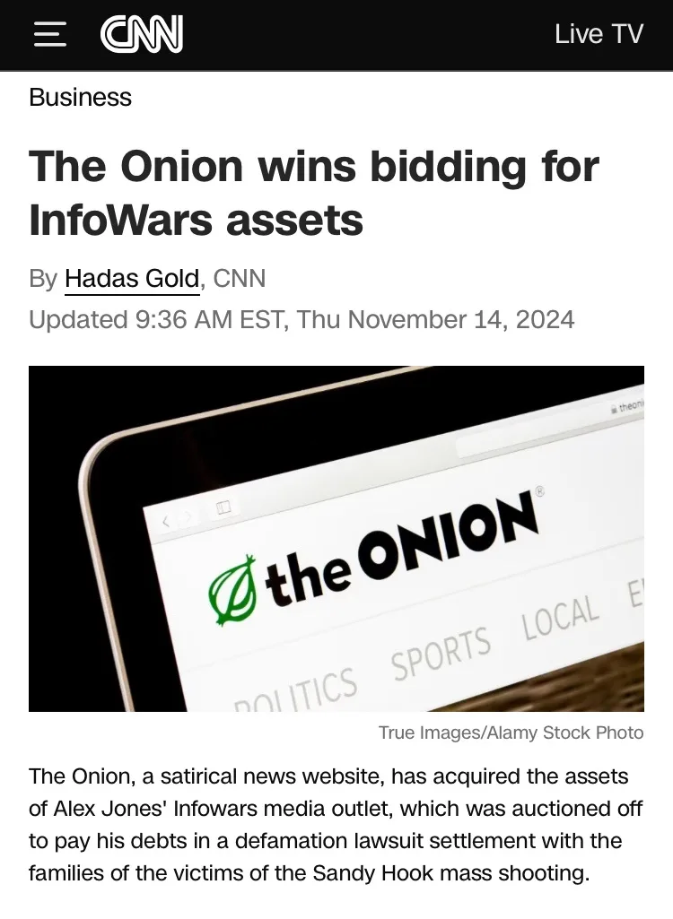 A screenshot of a CNN Business article dated November 14, 2024, announcing that The Onion, a satirical news website…