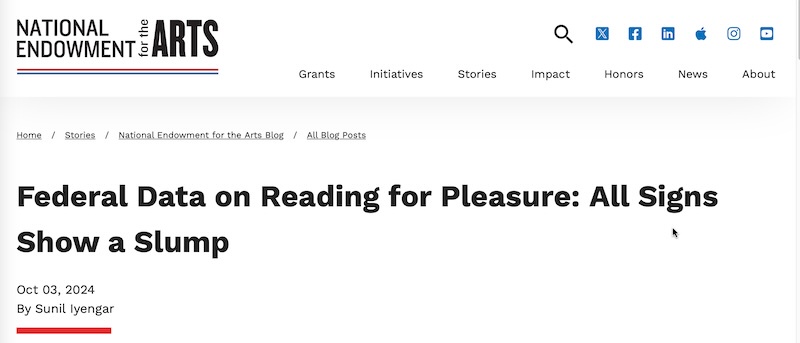 A screenshot of a National Endowment for the Arts blog post titled 'Federal Data on Reading for Pleasure: All Signs Show a…