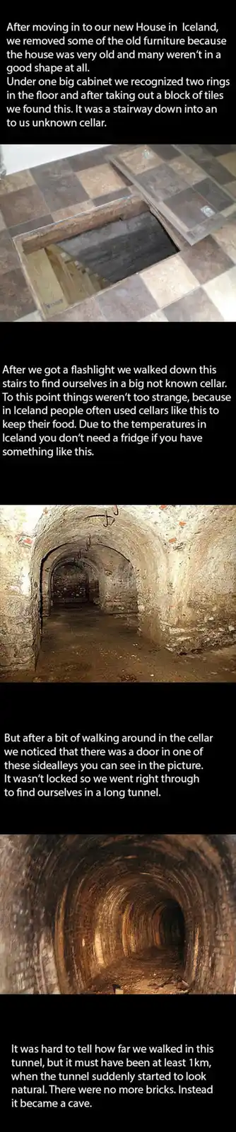 The meme shows a sequence of three images: a floor with a tile removed revealing a staircase, a long brick-lined cellar…