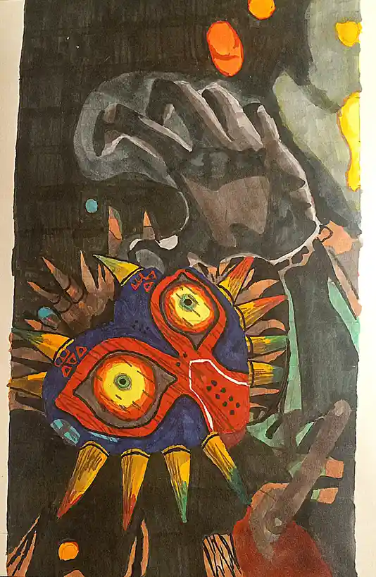 A hand-drawn, colorful illustration depicts a stylized, menacing figure wearing a red and blue mask with large, glowing…