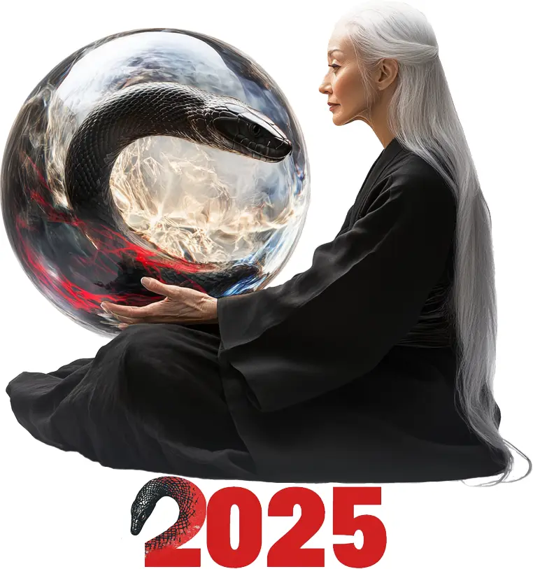 An elderly woman with long white hair, dressed in black robes, sits cross-legged holding a large, transparent sphere…