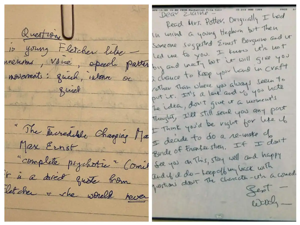 The image displays two handwritten notes side-by-side. The left note, on lined paper with a paperclip, asks about the…