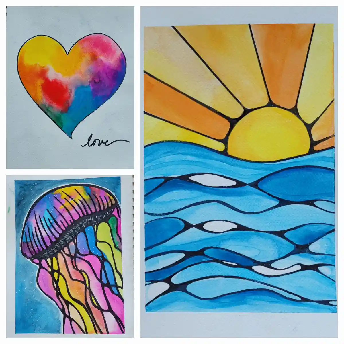 A collage of four watercolor artworks: a rainbow-colored heart with the word 'love' written below it, a stylized sun rising…