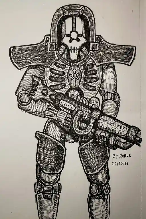 A black-and-white ink drawing depicts a heavily armored, helmeted warrior in a full-body suit of armor, holding a large…