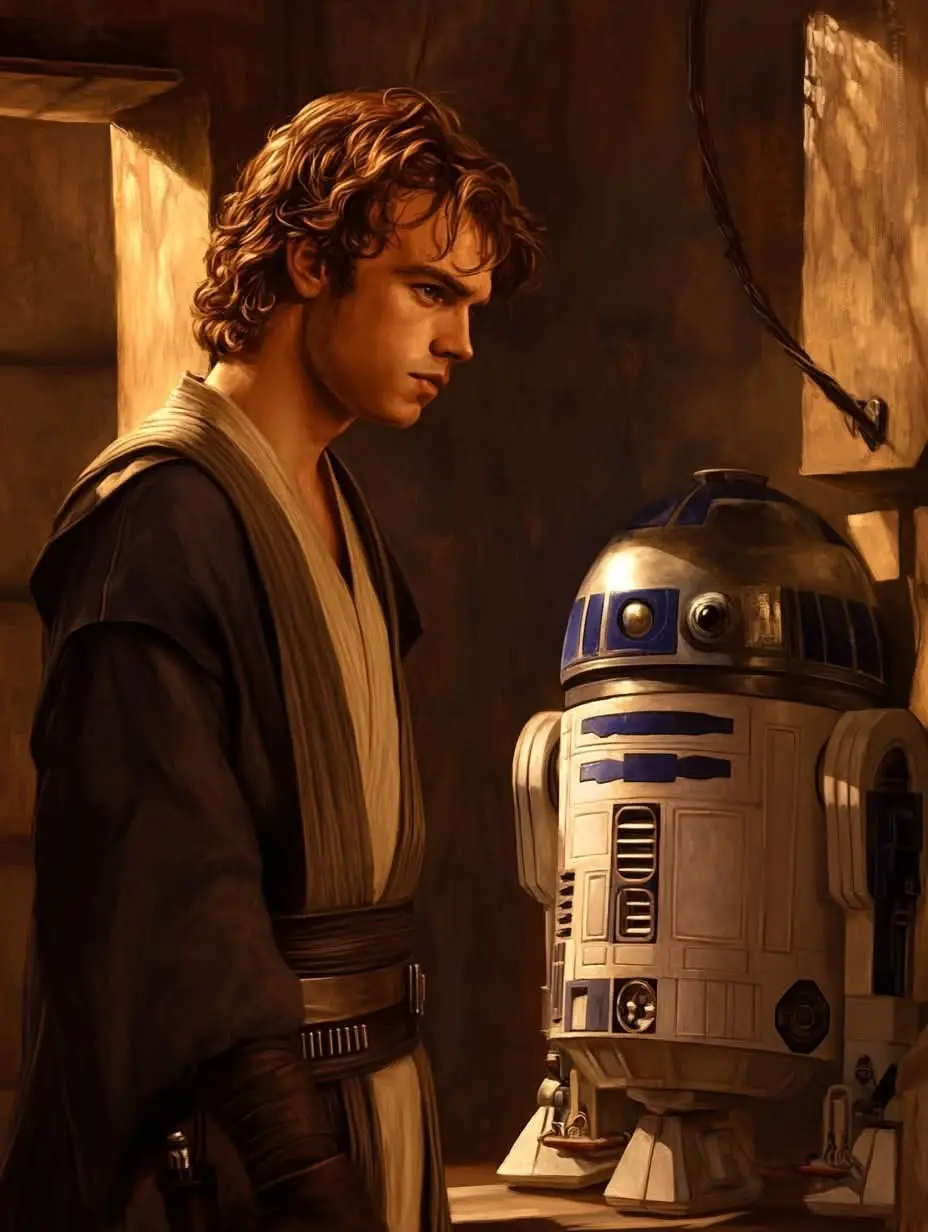 An image of Anakin Skywalker in Jedi robes standing beside the astromech droid R2-D2 in a warmly lit, rustic interior. The…