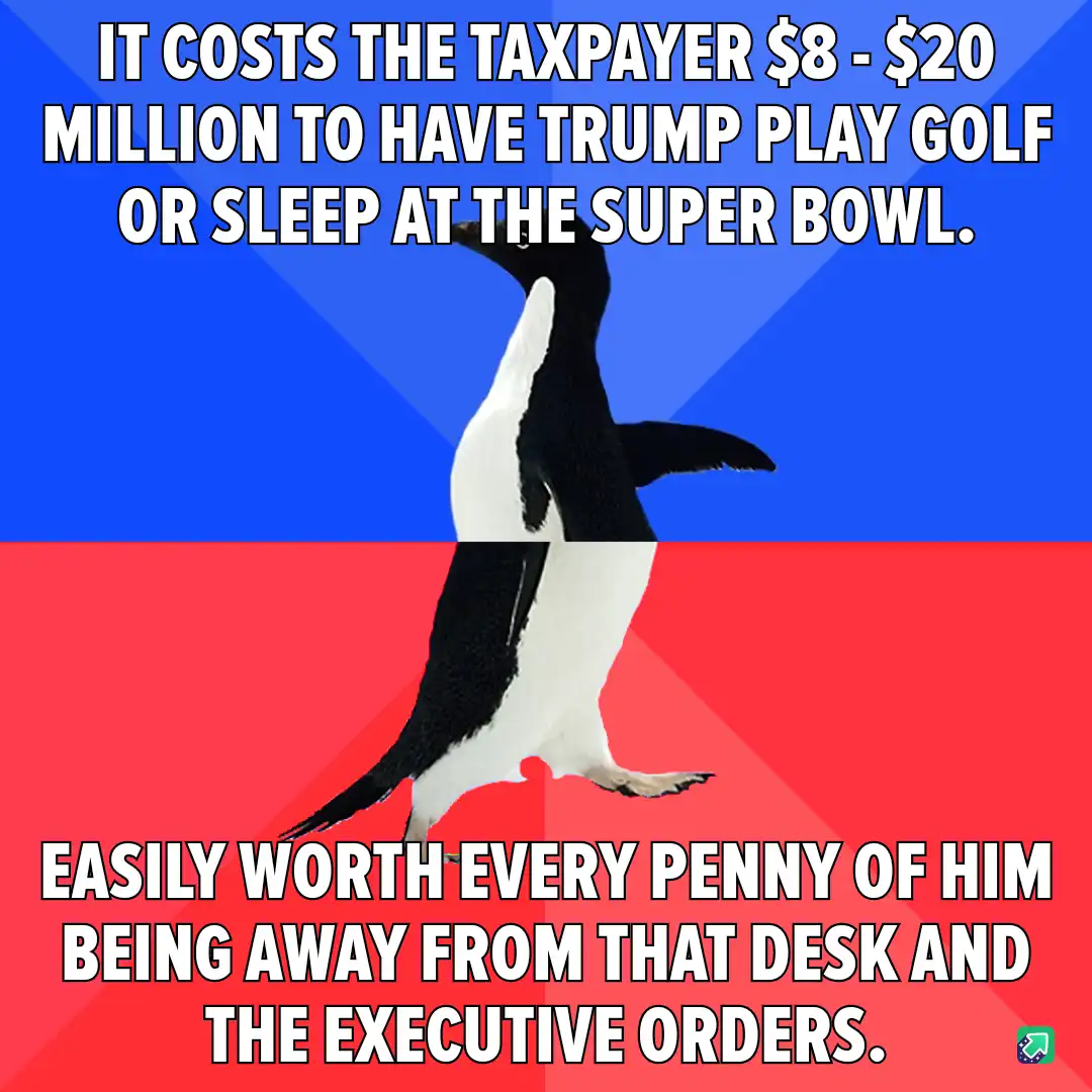 A penguin stands centered against a blue and red background, with white text overlaid in two sections. The top text states…