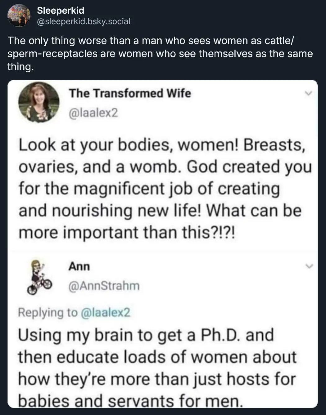 A screenshot of a social media thread shows a user named 'The Transformed Wife' posting that women were created by God to…