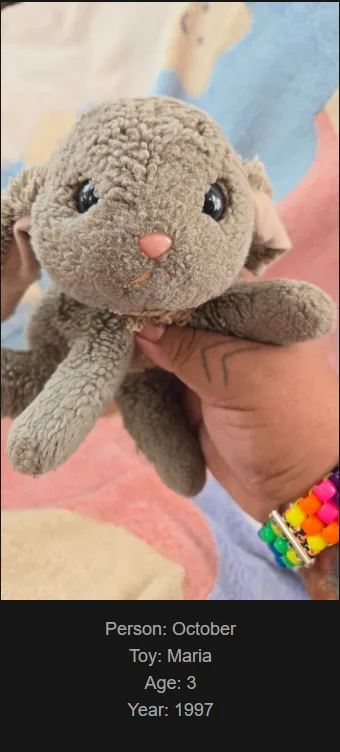 A close-up photo shows a hand holding a worn, brown plush rabbit toy with black button eyes and a pink nose. The hand has a…
