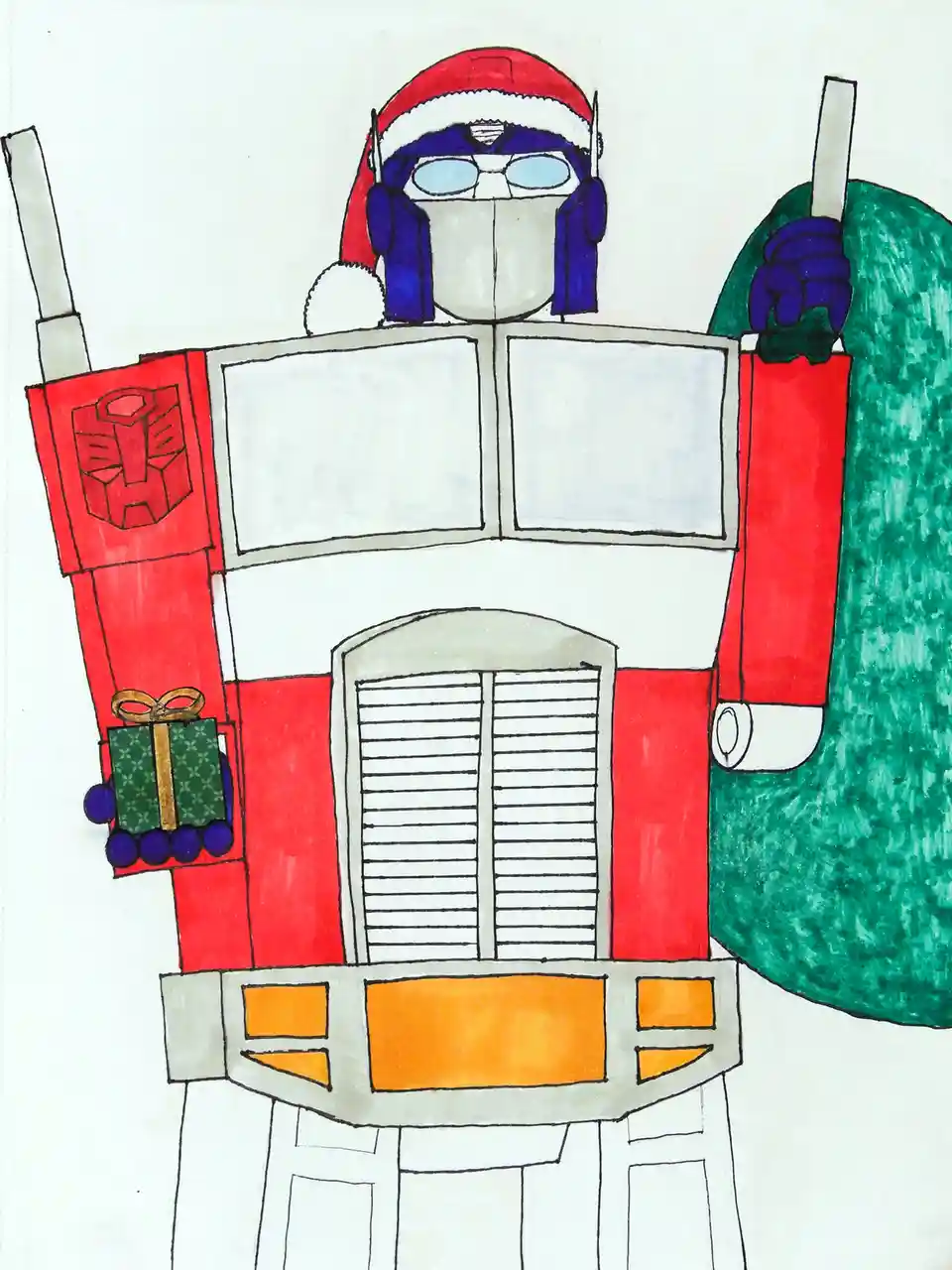 A hand-drawn, childlike illustration of Optimus Prime, the iconic red and blue Autobot leader from Transformers, dressed as…