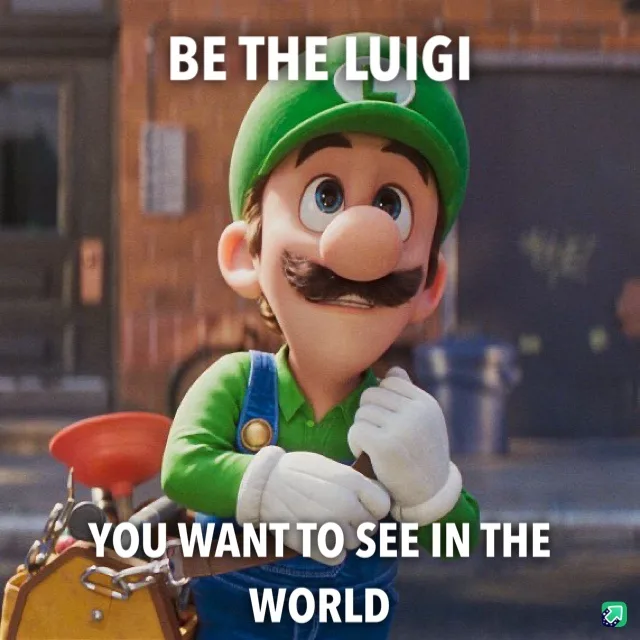A 3D animated Luigi from the Super Mario movie, wearing his green hat and overalls, holding a wrench and looking determined…