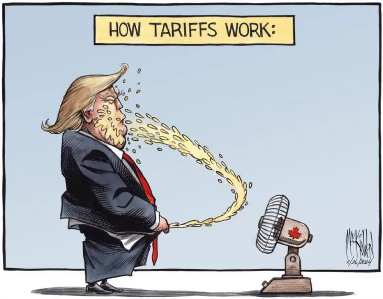 A cartoon depicts a caricature of Donald Trump blowing a stream of yellow coins from his mouth toward a small fan with a…