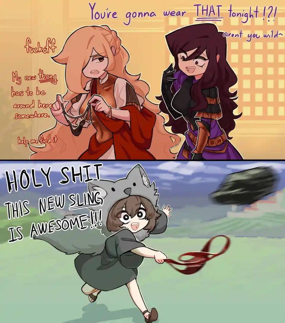 The top panel shows two anime-style characters; one with orange hair holding a thong and complaining, while the other with…
