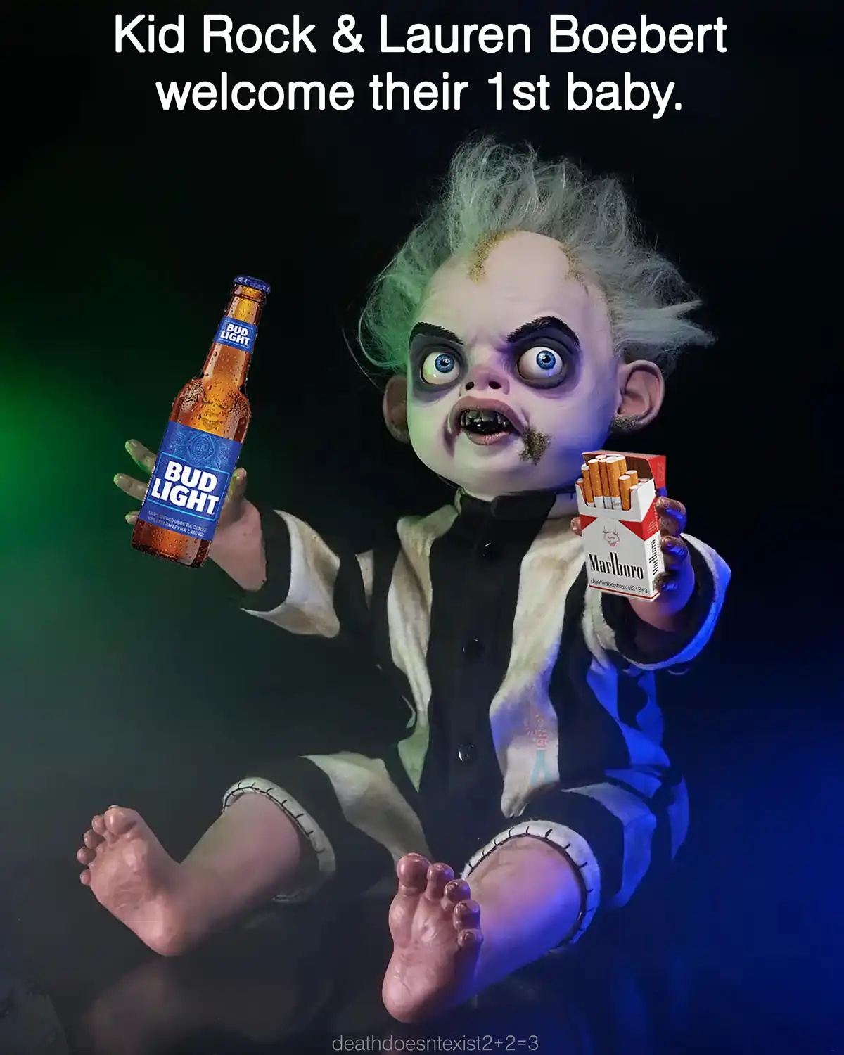 A grotesque, doll-like baby with wild hair and stitched clothing holds a Bud Light beer bottle in one hand and a pack of…
