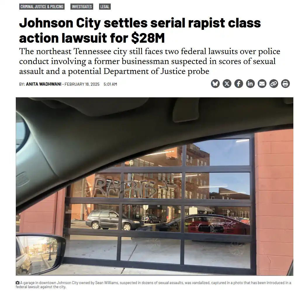 A screenshot of a news article about Johnson City settling a lawsuit for $28M over a serial rapist, featuring a photo taken…