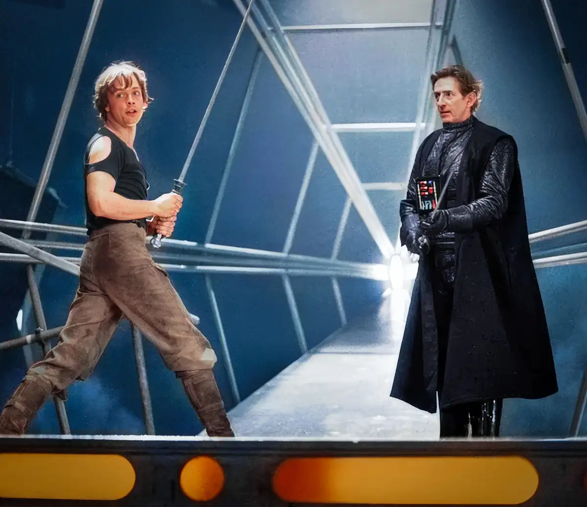 Two men stand on a metallic platform with a blue geometric background; the man on the left holds a sword and looks…