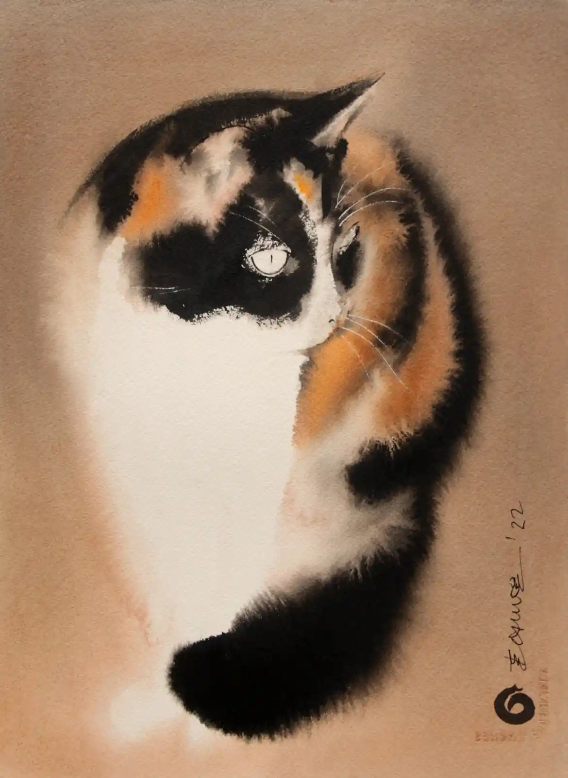 A watercolor painting of a calico cat with a human-like facial expression, featuring a large white patch on its face and a…