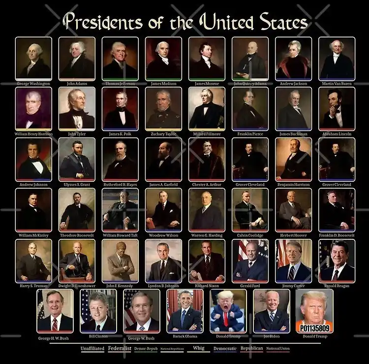 A grid of official portraits of all U.S. presidents from George Washington to Donald Trump, with their names labeled below…