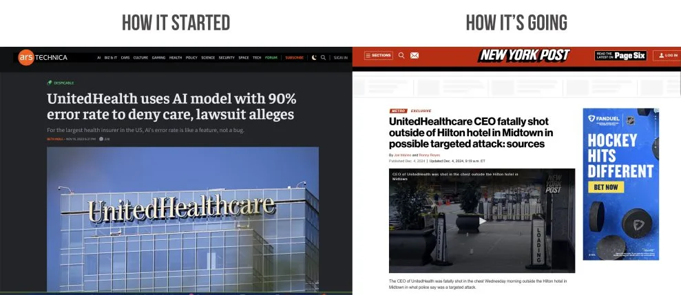 The image is split into two columns. The left shows an Ars Technica article headline about UnitedHealthcare using an AI…