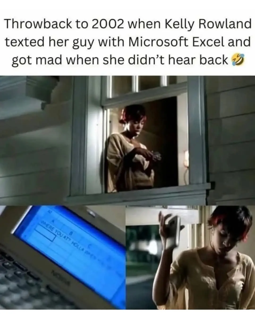 The image is a three-panel meme featuring Kelly Rowland from the movie 'The Fighting Temptations' looking frustrated while…