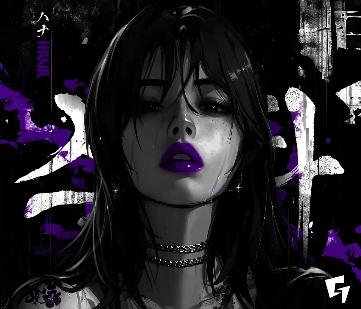 A stylized anime-style portrait of a woman with dark hair, intense eyes, and striking purple lips, set against a gritty…