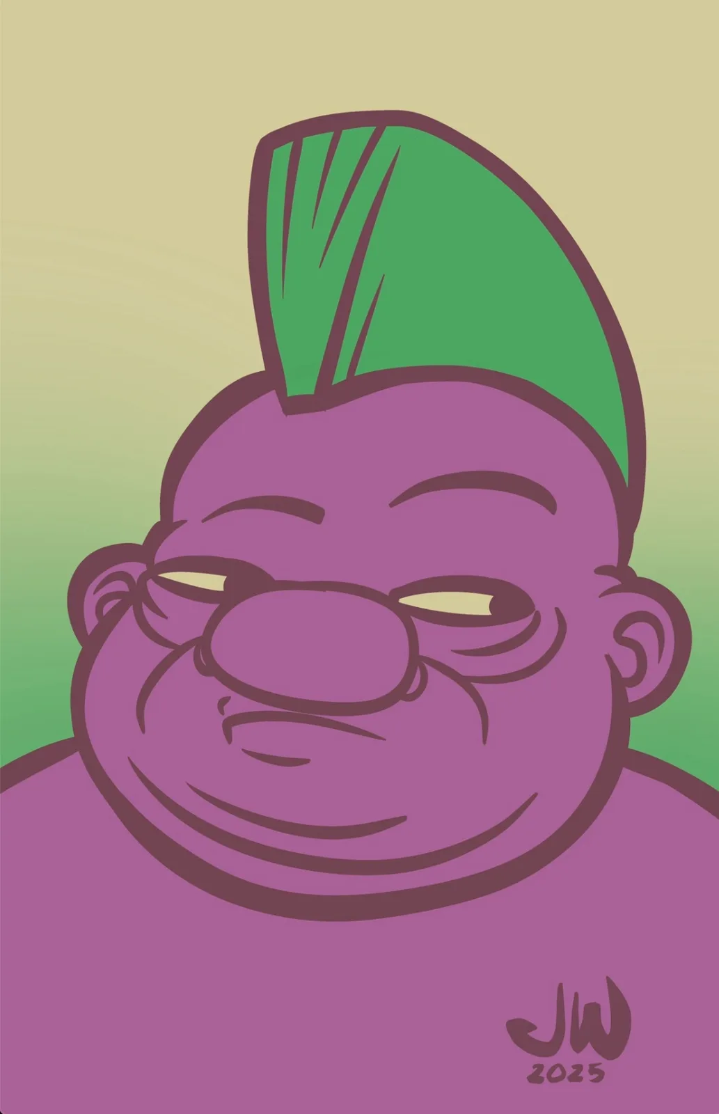 A cartoon illustration of a purple-skinned, chubby character with a green mohawk, wearing glasses and smirking with…