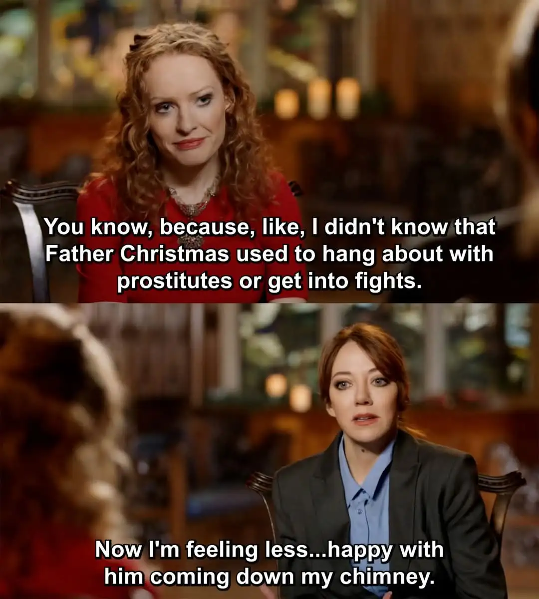 The meme features two panels from a movie scene. In the top panel, a woman with curly red hair in a red dress says, 'You…