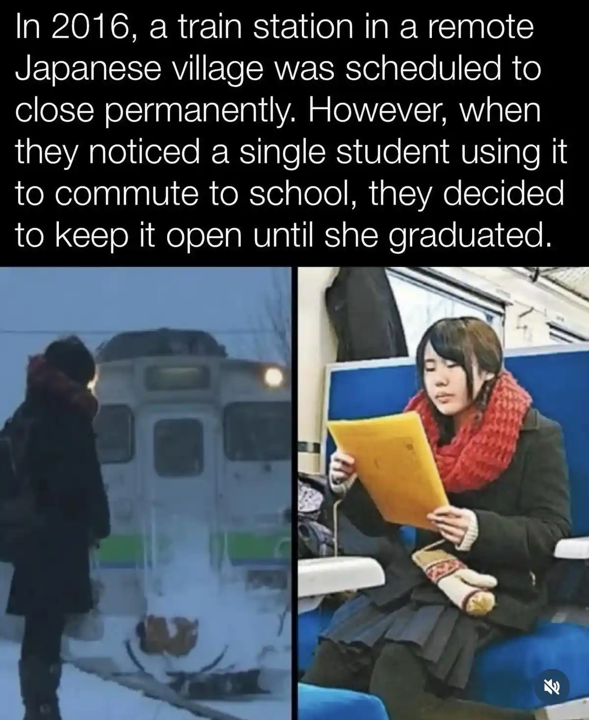 The image is split into two panels. The left shows a person in winter clothing standing in snow beside a train. The right…