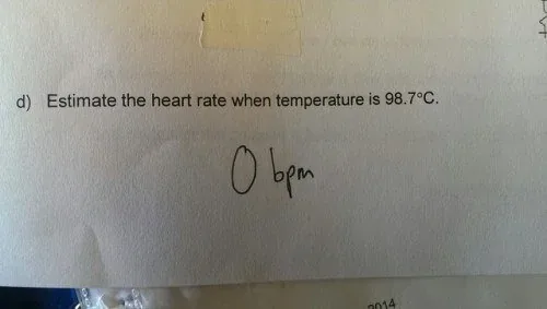 A close-up photo of a math or science worksheet question asking to estimate heart rate at 98.7°C, with a handwritten answer…