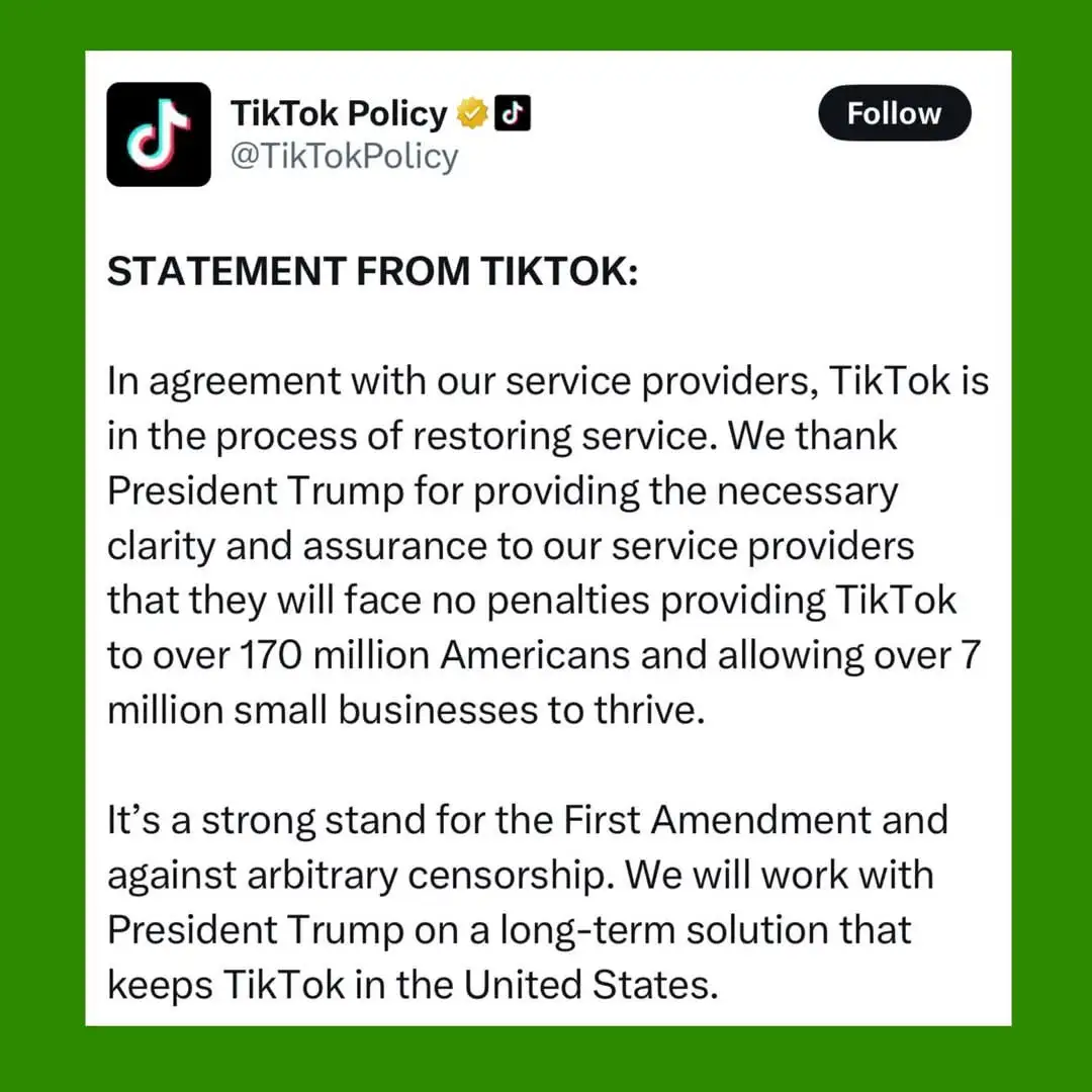 A screenshot of a TikTok Policy Twitter post with a green background, showing a statement from TikTok thanking President…