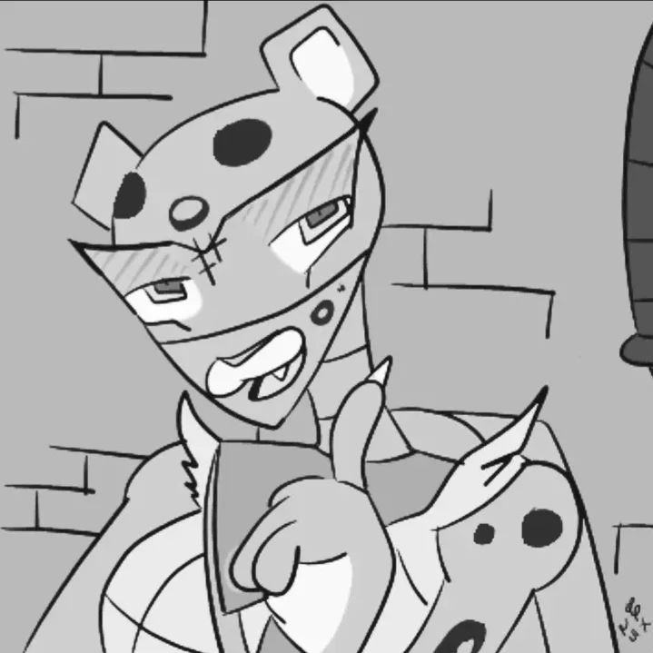 A black-and-white cartoon drawing shows a stylized, spotted animal character with a stitched-up face, sharp teeth, and a…