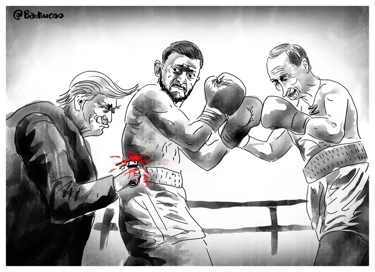 A black-and-white cartoon depicts three men in a boxing ring: Donald Trump, Vladimir Putin, and Conor McGregor. Trump is…