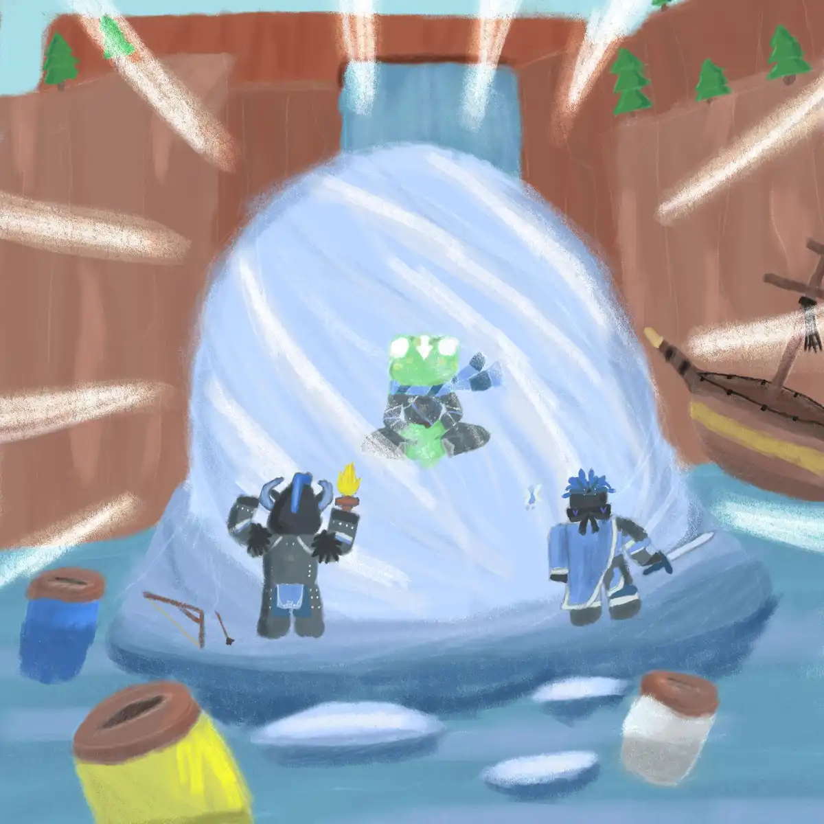 A cartoonish green frog wearing armor sits calmly inside a large, swirling water bubble in a canyon. Two other armored…