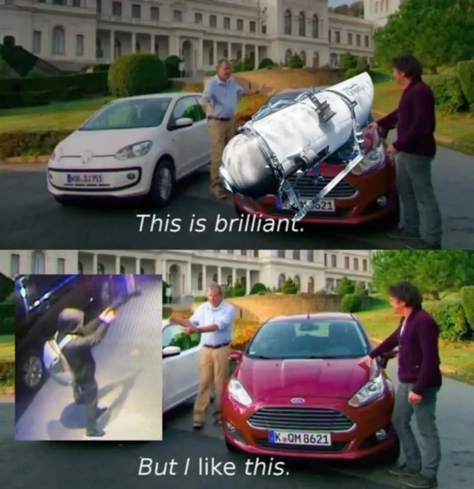 The top panel shows two men standing beside a red car with a large rocket strapped to its hood, while a white car is parked…