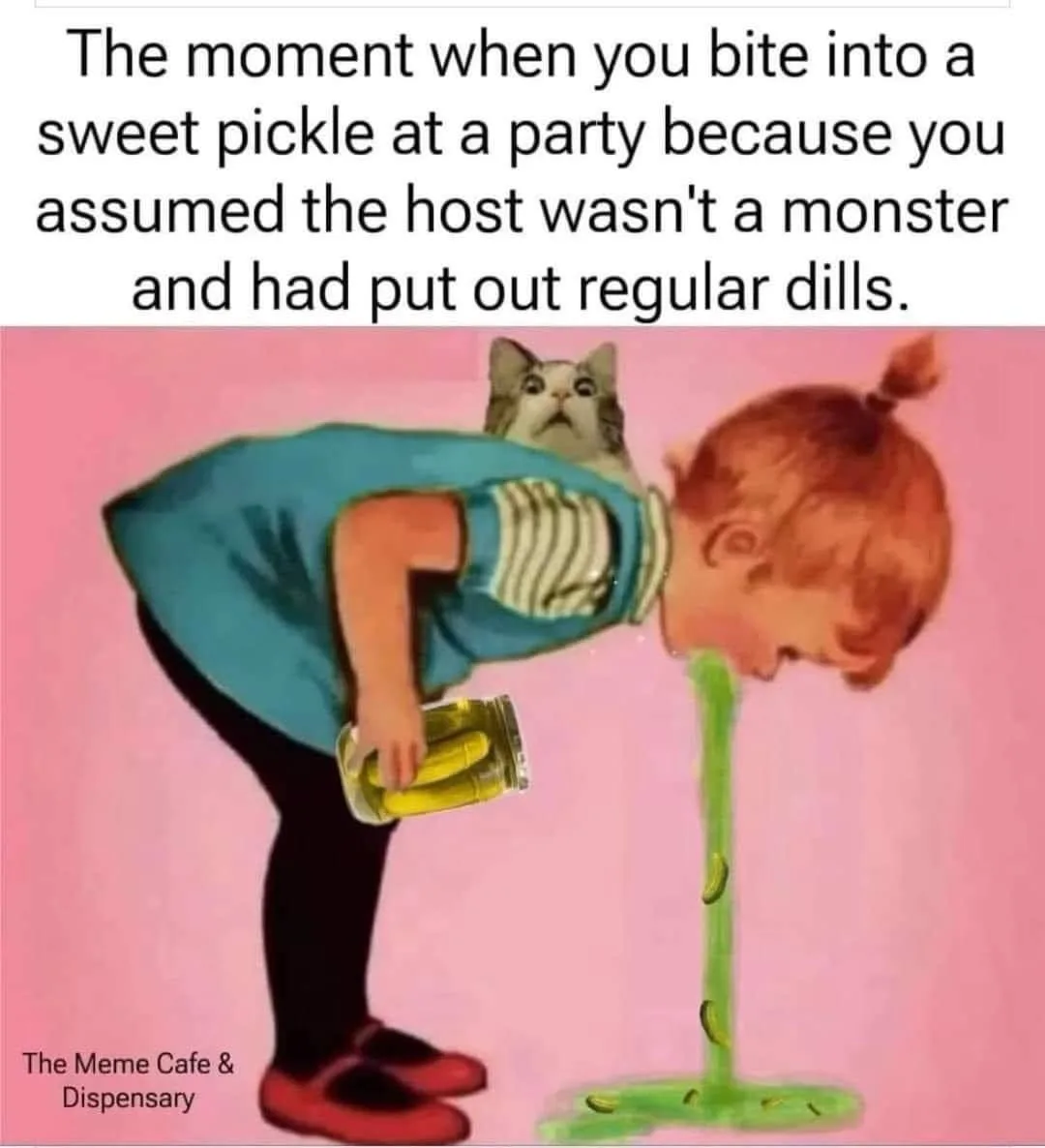 A vintage-style illustration shows a child bent over, vomiting a green stream of pickle juice while holding a jar of…