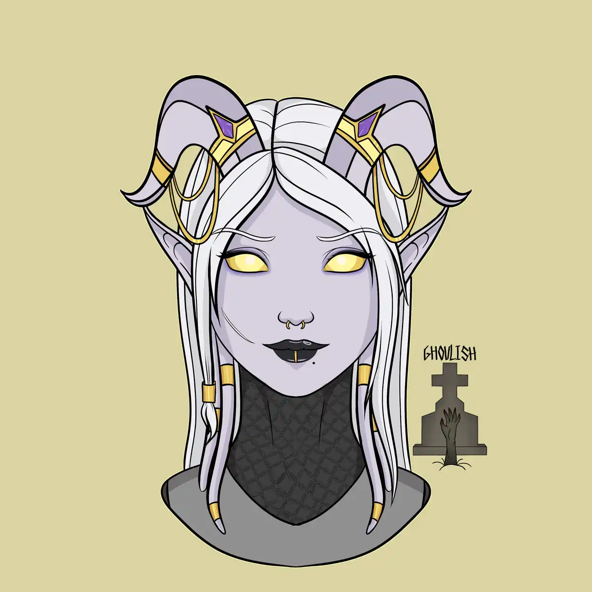 A stylized illustration of a pale-skinned, white-haired female character with glowing yellow eyes, ornate purple and gold…