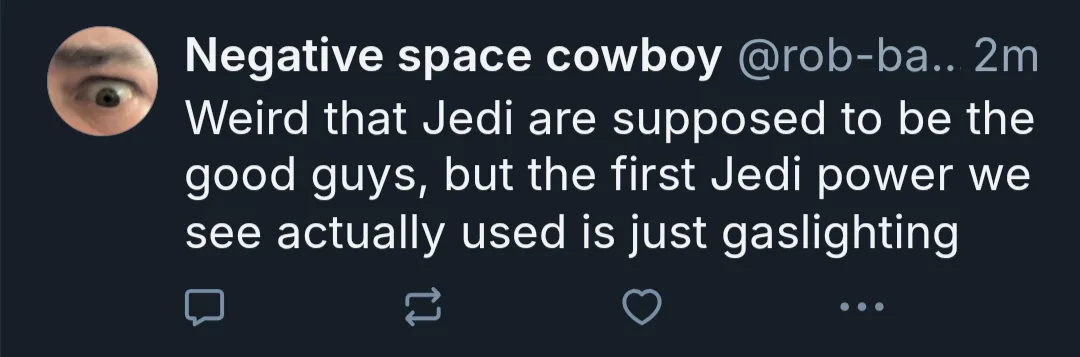 A screenshot of a tweet from user 'Negative space cowboy' with a profile picture of a single human eye. The tweet text…
