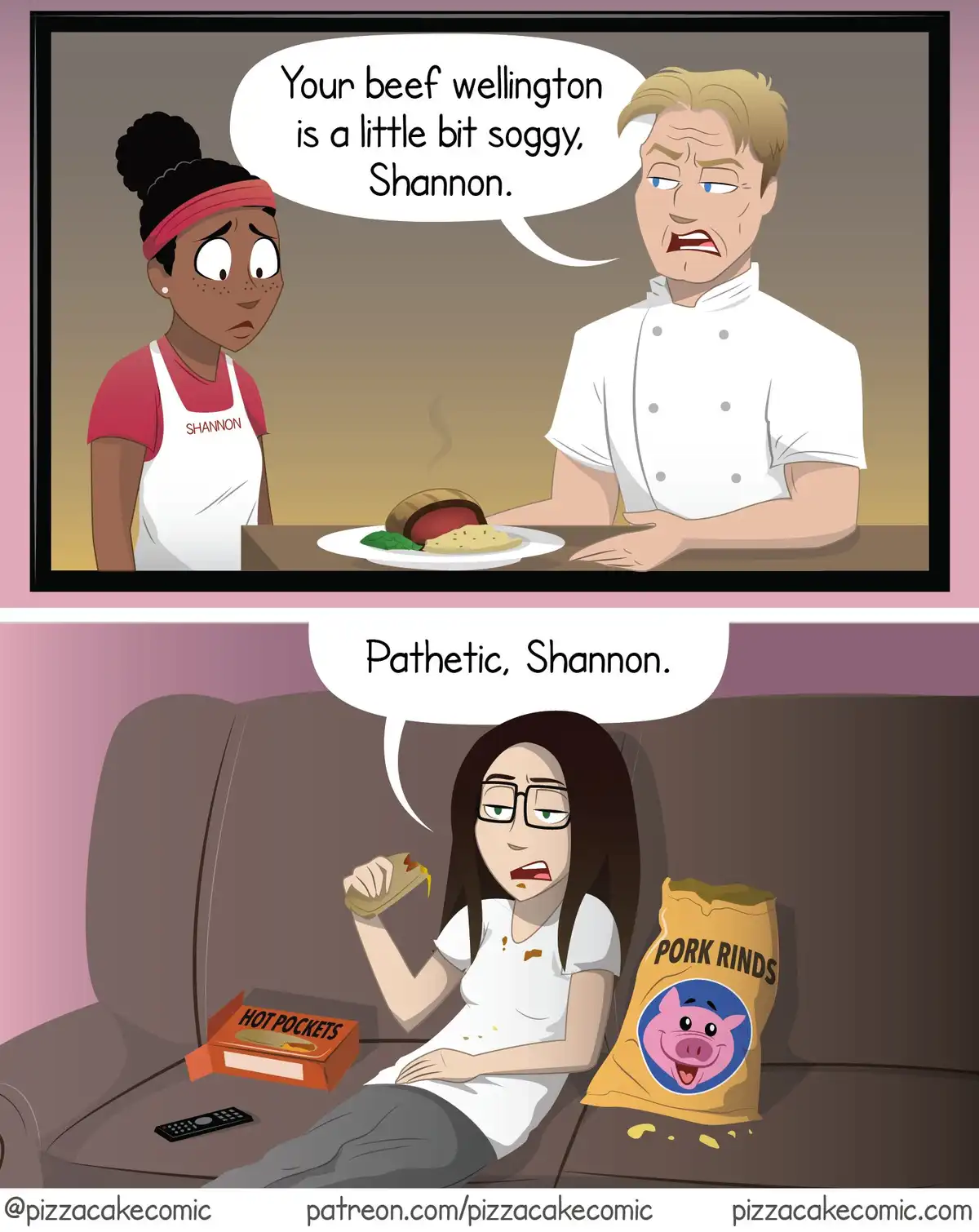 The top panel shows a cartoon chef scolding a woman named Shannon for her soggy beef wellington. The bottom panel shows a…
