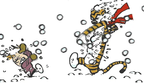 This image shows a sequence of comic panels featuring Calvin and Hobbes running through snow. Calvin, a small boy in a…