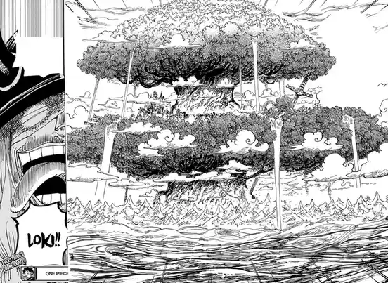 A manga panel from One Piece shows a character screaming 'LOKI!!' while looking at a massive, chaotic explosion of clouds…