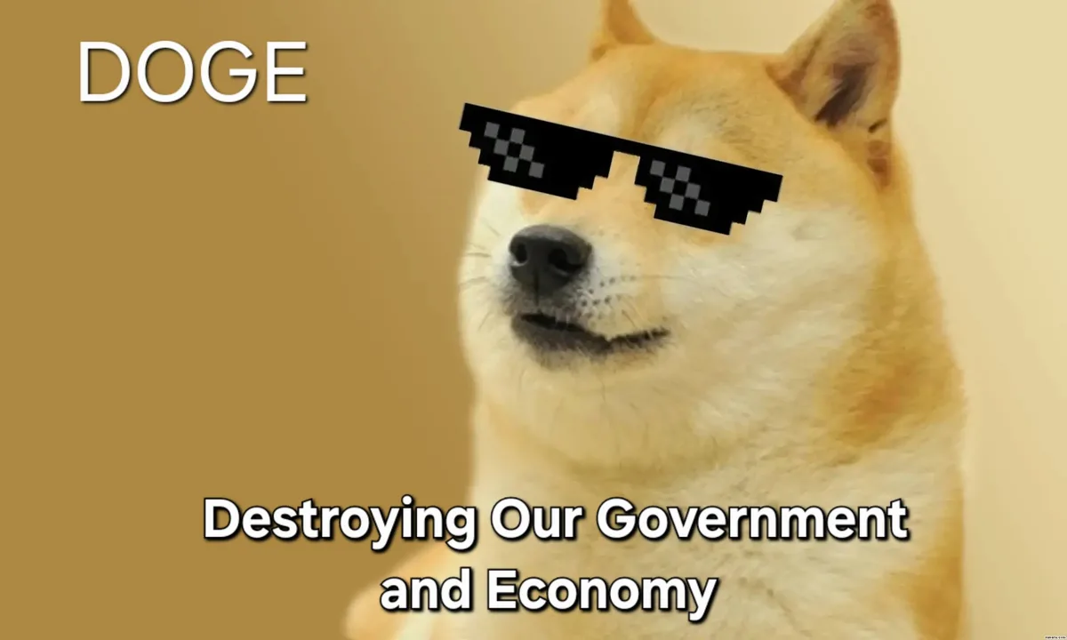 A Shiba Inu dog with pixelated sunglasses is shown against a plain brown background. The text 'DOGE' appears in the top left…