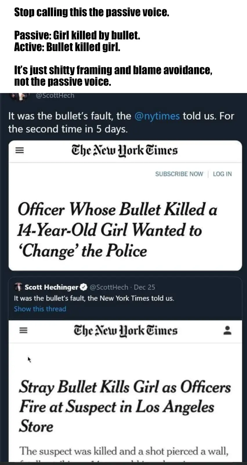 The image shows a screenshot of two New York Times headlines about a 14-year-old girl killed by a stray bullet during a…