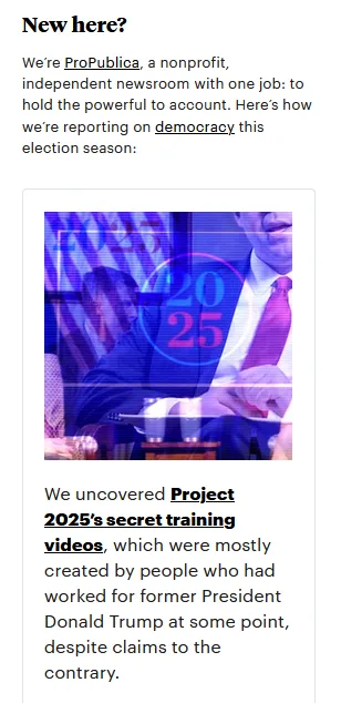 A screenshot of a ProPublica article with a blurred image of two men in suits, overlaid with a large '2025' graphic. The…
