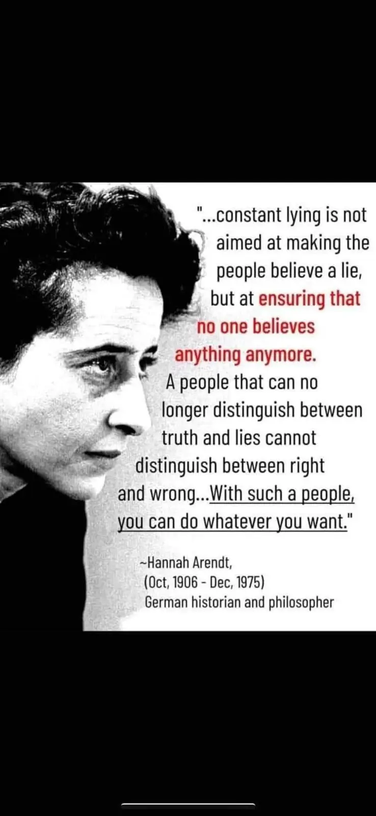 A black and white photo of philosopher Hannah Arendt in profile, with a quote overlaid in black and red text. The quote…