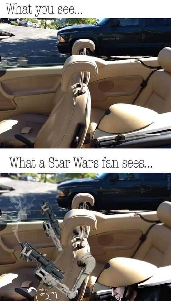 The top panel shows the interior of a beige convertible car with headrests and a black truck visible through the windshield…