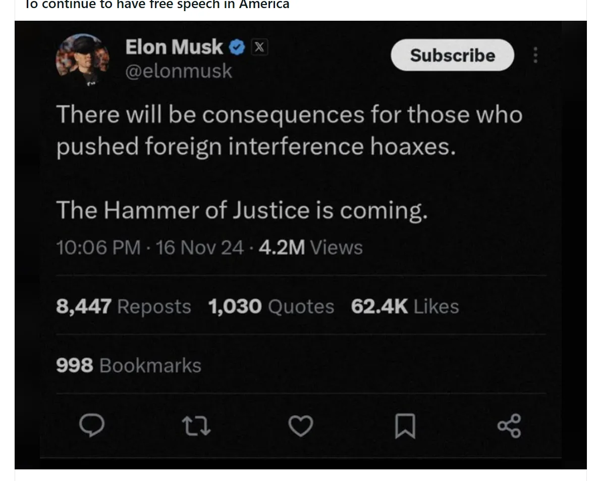 A screenshot of a social media post attributed to Elon Musk, styled to look like a YouTube video with a 'Subscribe' button…