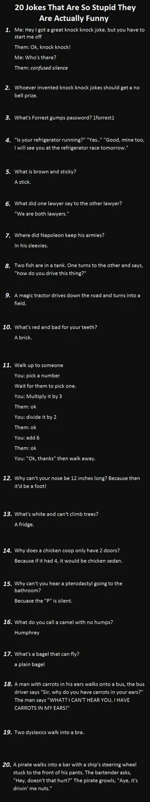 A black background lists 20 numbered jokes, including knock-knock puns, lawyer riddles, and absurd wordplay like 'What's…