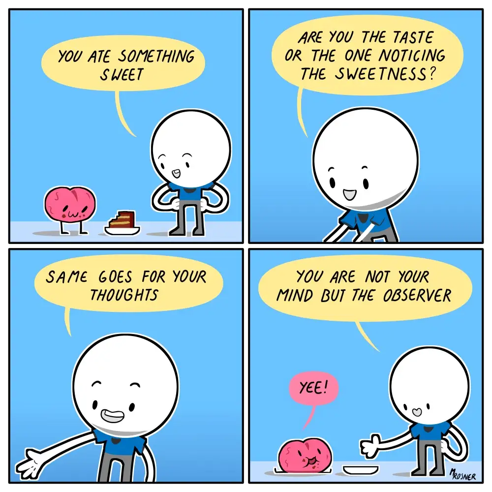 A four-panel comic features a white, round-headed character and a pink, heart-shaped brain character. In the first panel…