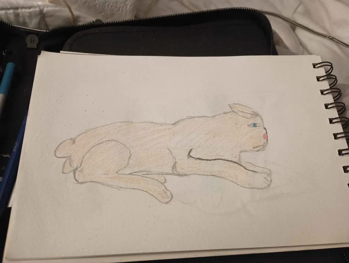 A hand-drawn sketch of a white rabbit in a spiral-bound notebook, colored with pencil and featuring a blue eye and pink…
