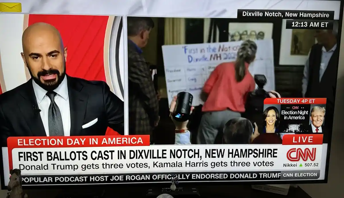 A CNN election night broadcast shows a split screen: on the left, a news anchor with a serious expression; on the right…