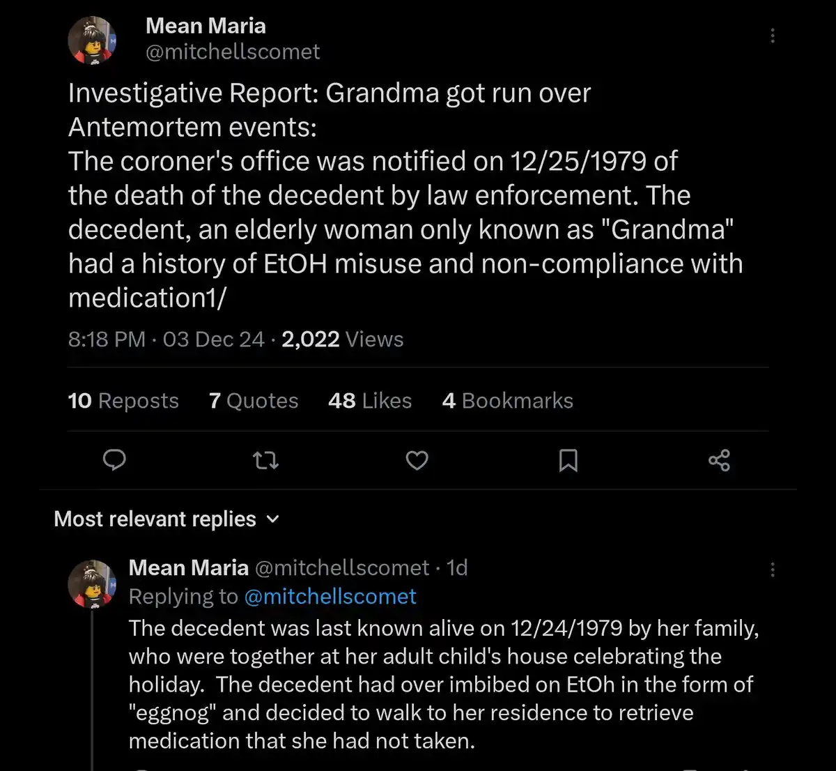 A screenshot of a Twitter post by 'Mean Maria' presenting a satirical 'Investigative Report' about a woman named 'Grandma'…